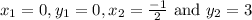 x_{1}=0, y_{1}=0, x_{2}= \frac{-1}{2} \text { and } y_{2}=3