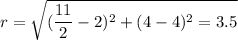 r=\sqrt{(\dfrac{11}{2}-2)^2+(4-4)^2=3.5