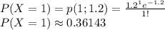P(X=1)=p(1;1.2)=\frac{1.2^1e^{-1.2}}{1!}\\P(X=1)\approx 0.36143