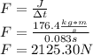 F=\frac{J}{\Delta t}\\F=\frac{176.4\frac{kg*m}{s}}{0.083s}\\F=2125.30N