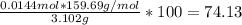 \frac{0.0144 mol*159.69g/mol}{3.102g}*100=74.13%