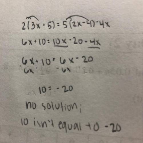 What is the solution to 2(3x+5)=5(2x-4)-4x? ?