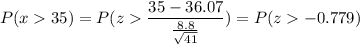 P( x  35) = P( z  \displaystyle\frac{35 - 36.07}{\frac{8.8}{\sqrt{41}}}) = P(z  -0.779)