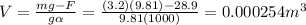 V=\frac{mg-F }{g \alpha } =\frac{(3.2)(9.81)-28.9}{9.81(1000)} =0.000254m^3