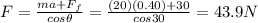 F=\frac{ma+F_f}{cos \theta}=\frac{(20)(0.40)+30}{cos 30}=43.9 N