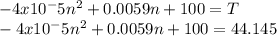 -4x10^-5 n^2+0.0059n+100=T\\-4x10^-5 n^2+0.0059n+100=44.145
