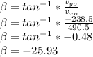 \beta =tan^{-1}*\frac{v_{yo} }{v_{xo}}\\\beta =tan^{-1}*\frac{-238.5}{490.5}\\\beta =tan^{-1}*-0.48\\\beta =-25.93