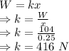 W=kx\\\Rightarrow k=\frac{W}{x}\\\Rightarrow k=\frac{104}{0.25}\\\Rightarrow k=416\ N\m
