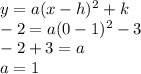y=a(x-h)^{2} +k\\-2=a(0-1)^{2}-3\\-2+3=a\\a=1