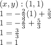 (x, y) :( 1,1)\\1 = - \frac {2} {3} (1) + \frac {5} {3}\\1 = - \frac {2} {3} + \frac {5} {3}\\1 = \frac {3} {3}\\1 = 1