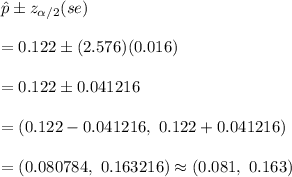 \hat{p}\pm z_{\alpha/2} (se)\\\\=0.122\pm (2.576)(0.016)\\\\=0.122\pm0.041216\\\\=(0.122-0.041216,\ 0.122+0.041216)\\\\=(0.080784,\ 0.163216)\approx(0.081,\ 0.163)