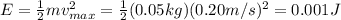 E=\frac{1}{2}mv_{max}^2=\frac{1}{2}(0.05 kg)(0.20m/s)^2=0.001 J