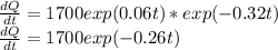 \frac{dQ}{dt} =1700exp(0.06t)*exp(-0.32t)\\\frac{dQ}{dt} =1700exp(-0.26t)\\