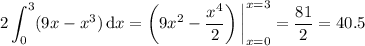 \displaystyle2\int_0^3(9x-x^3)\,\mathrm dx=\left(9x^2-\frac{x^4}2\right)\bigg|_{x=0}^{x=3}=\frac{81}2=40.5
