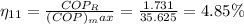 \eta_{11} = \frac{COP_R}{(COP)_max} = \frac{1.731}{35.625} = 4.85\%