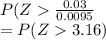 P(Z\frac{0.03}{0.0095} \\=P(Z3.16)