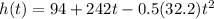 h (t) = 94 + 242t - 0.5 (32.2) t ^ 2
