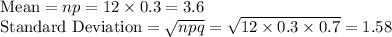 \text{Mean}=np = 12\times 0.3 = 3.6\\ \text{Standard Deviation} = \sqrt{npq} = \sqrt{12\times 0.3\times 0.7} = 1.58