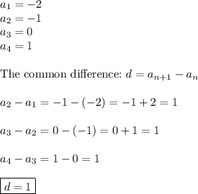 a_1=-2\\a_2=-1\\a_3=0\\a_4=1\\\\\text{The common difference:}\ d=a_{n+1}-a_n\\\\a_2-a_1=-1-(-2)=-1+2=1\\\\a_3-a_2=0-(-1)=0+1=1\\\\a_4-a_3=1-0=1\\\\\boxed{d=1}