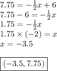 7.75=-\frac{1}{2}x + 6 \\&#10;7.75 -6=-\frac{1}{2}x \\ 1.75=-\frac{1}{2}x \\ 1.75 \times (-2)=x \\ x=-3.5 \\ \\&#10;\boxed{(-3.5,7.75)}