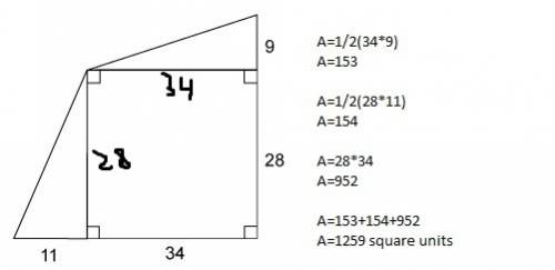 The figure is made up of a rectangle and 2 right triangles. what is the area of the figure?  1259 un