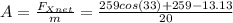 A=\frac{F_{Xnet}}{m}= \frac{259cos(33)+259-13.13}{20}
