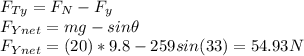 F_{Ty}=F_N-F_y\\F_{Ynet}=mg-sin\theta\\F_{Ynet}=(20)*9.8-259sin(33)=54.93N