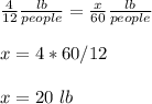 \frac{4}{12}\frac{lb}{people}=\frac{x}{60}\frac{lb}{people}\\ \\x=4*60/12\\ \\x=20\ lb