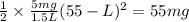 \frac{1}{2}\times \frac{5mg}{1.5 L} (55 - L)^2 = 55 mg