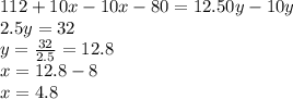 112 + 10x - 10x-80 = 12.50y - 10y\\2.5y = 32\\y=\frac{32}{2.5}=12.8\\x = 12.8 - 8\\x = 4.8