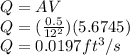 Q=AV\\Q=(\frac{0.5}{12^2})(5.6745)\\Q=0.0197ft^3/s