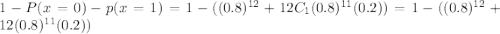 1-P(x=0)-p(x=1)=1-((0.8)^{12}+12C_1(0.8)^{11}(0.2))=1-((0.8)^{12}+12(0.8)^{11}}(0.2))