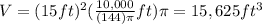 V=(15ft)^2(\frac{10,000}{(144)\pi}ft)\pi=15,625ft^3