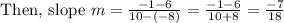 \text { Then, slope } m=\frac{-1-6}{10-(-8)}=\frac{-1-6}{10+8}=\frac{-7}{18}