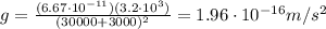 g=\frac{(6.67\cdot 10^{-11})(3.2\cdot 10^3)}{(30000+3000)^2}=1.96\cdot 10^{-16} m/s^2