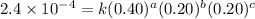 2.4\times 10^{-4}=k(0.40)^a(0.20)^b(0.20)^c