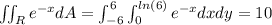 \iint_{R}^{ } e^{-x}dA=\int_{-6}^{6} \int_{0}^{ln(6)} e^{-x}dx dy = 10