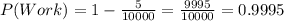 P(Work)=1-\frac{5}{10000}=\frac{9995}{10000}=0.9995