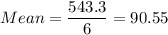 Mean =\displaystyle\frac{543.3}{6} = 90.55