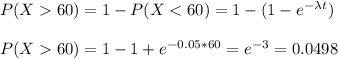 P(X60)=1-P(X60)=1-1+e^{-0.05*60}=e^{-3}=0.0498