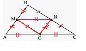 Am i doing this right?  the triangle abc in the figure below has midpoints labeled m and n and o. co