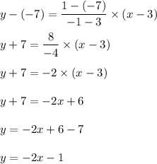 y-(-7)=\dfrac{1-(-7)}{-1-3}\times (x-3)\\\\y+7=\dfrac{8}{-4}\times (x-3)\\\\y+7=-2\times (x-3)\\\\y+7=-2x+6\\\\y=-2x+6-7\\\\y=-2x-1