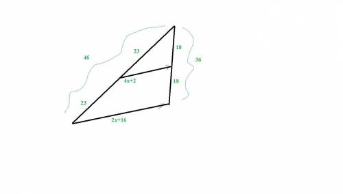 Find the value of x. the image is of a triangle with its base marked as 2x+16. a segment of length 4