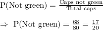 \text{P(Not green)}=\frac{\text{Caps not green}}{\text{Total caps}}\\\\\Rightarrow\ \text{P(Not green)}=\frac{68}{80}=\frac{17}{20}