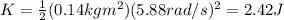 K=\frac{1}{2}(0.14 kg m^2)(5.88 rad/s)^2=2.42 J