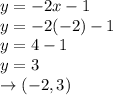 y=-2x-1\\y=-2(-2)-1\\y=4-1\\y=3\\\rightarrow(-2,3)