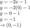 y=-2x-1\\y=-2(0)-1\\y=0-1\\y=-1\\\rightarrow(0,-1)