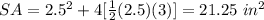 SA=2.5^{2} +4[\frac{1}{2}(2.5)(3)]=21.25\ in^{2}