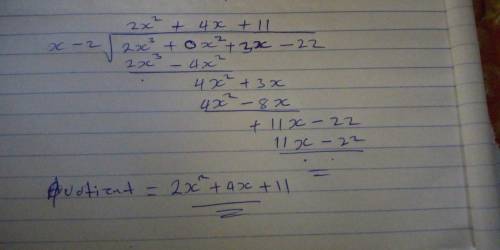 Using synthetic division, what is the quotient (2x3 + 3x − 22) ÷ (x − 2)?