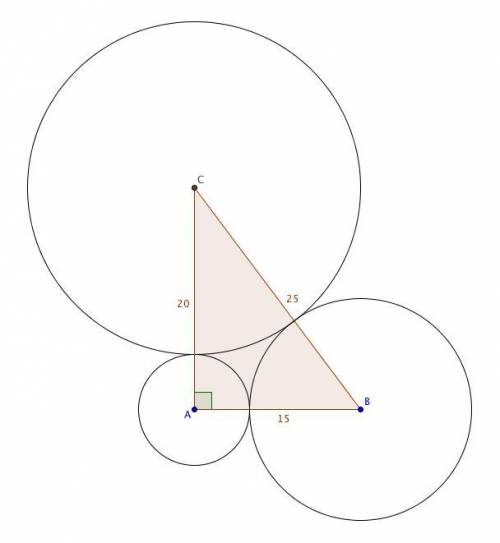 Three circles with radii 5, 10, and 15 ft are externally tangent to one another, as shown in the fig